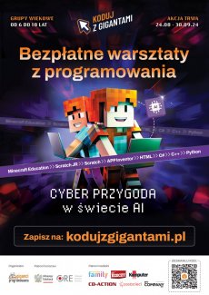 Plakat promujący bezpłatne warsztaty z programowania organizowane przez szkołę Giganci Programowania, w ramach akcji &amp;quot;Koduj z Gigantami&amp;quot;.